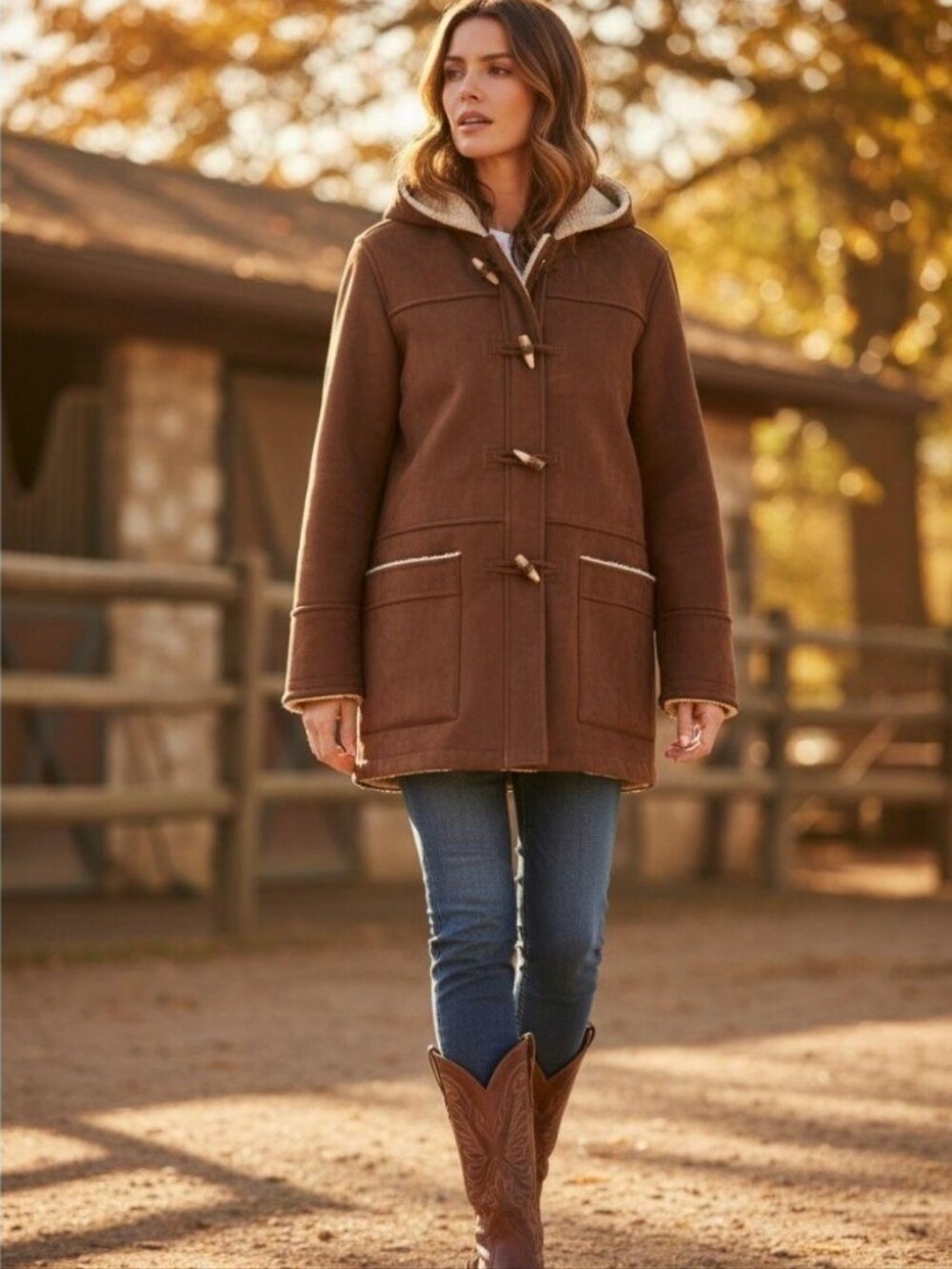 Vintage Lauren Ralph Lauren Faux Suede Sherpa Lined Toggle Hooded Duffle Coat